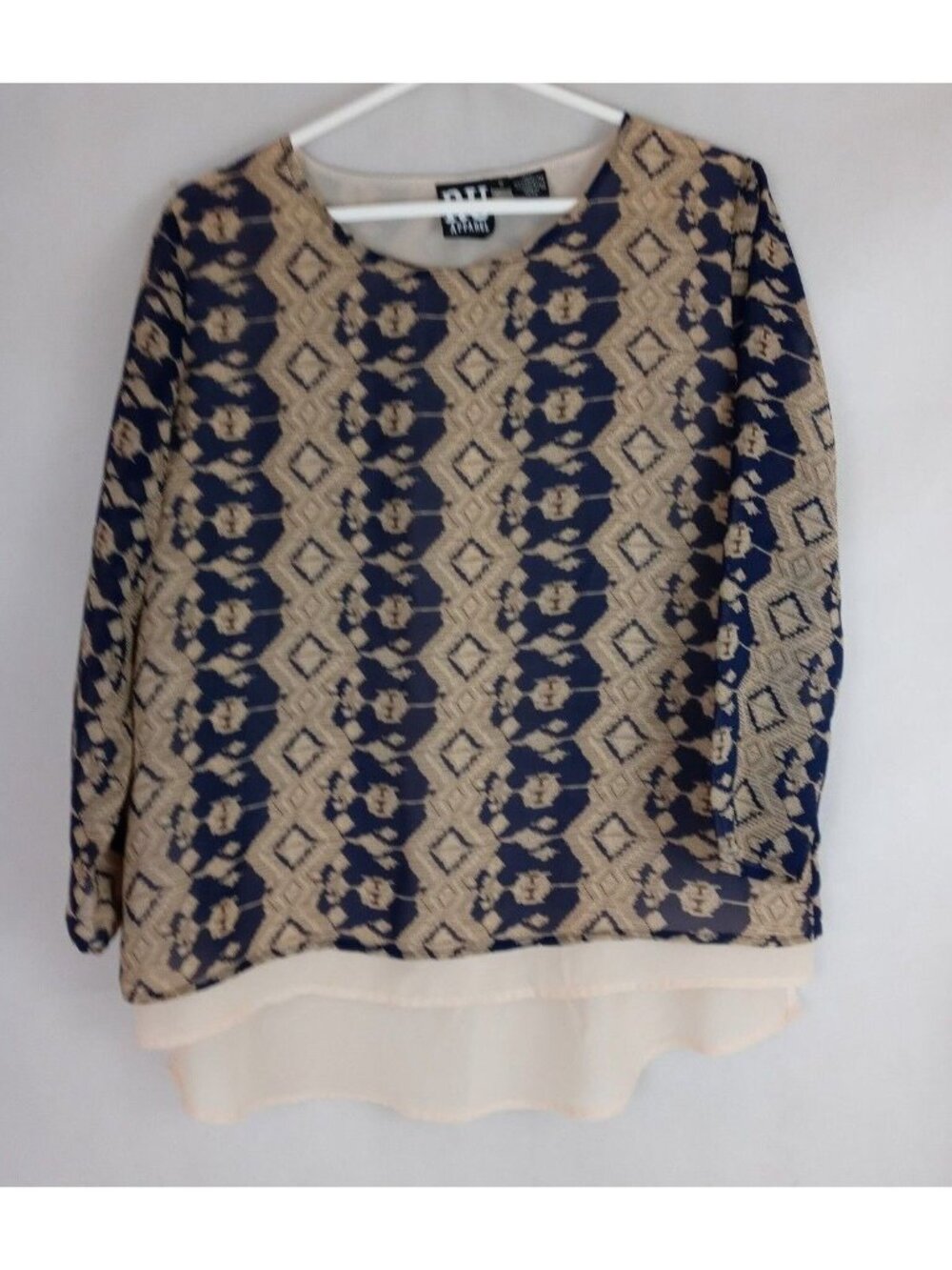 RU Apparel Women's Blue & Tan Lined Sheer Blouse Size Small